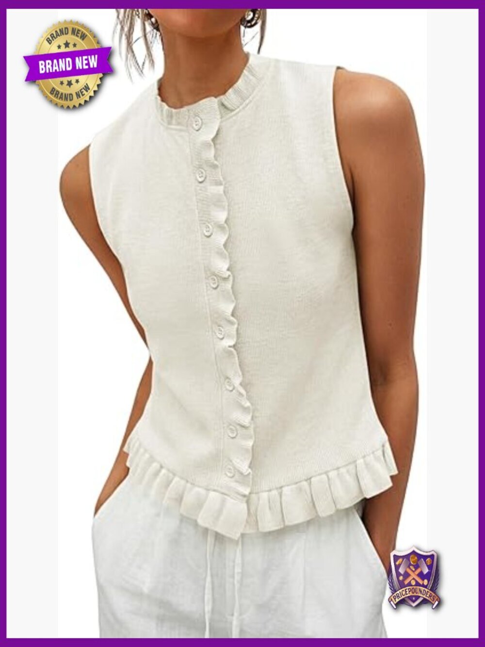 Sleeveless Ribbed Knit Sweater Vest with Ruffle Trim Button Down Slim Fit